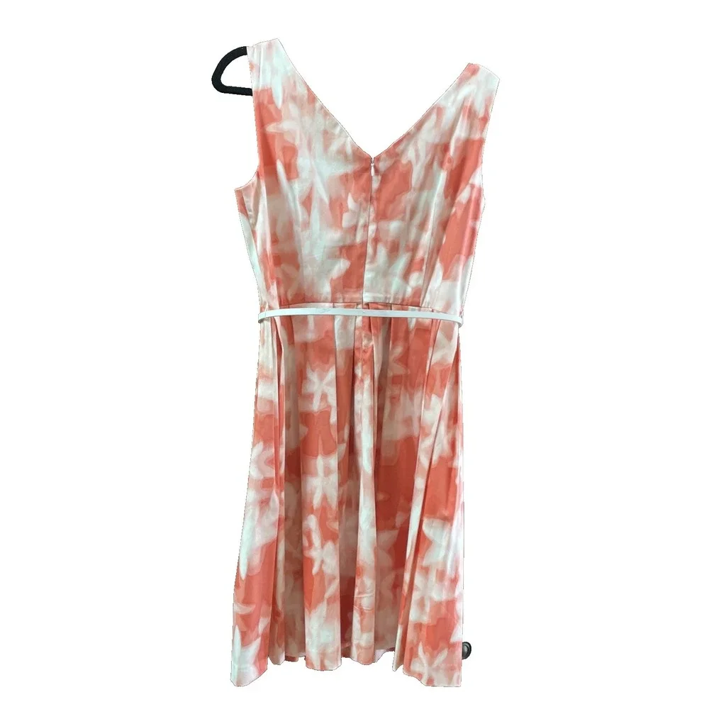 Calvin Klein Watercolor Belted Dress Pleated  Size 8 Pink White V Neck